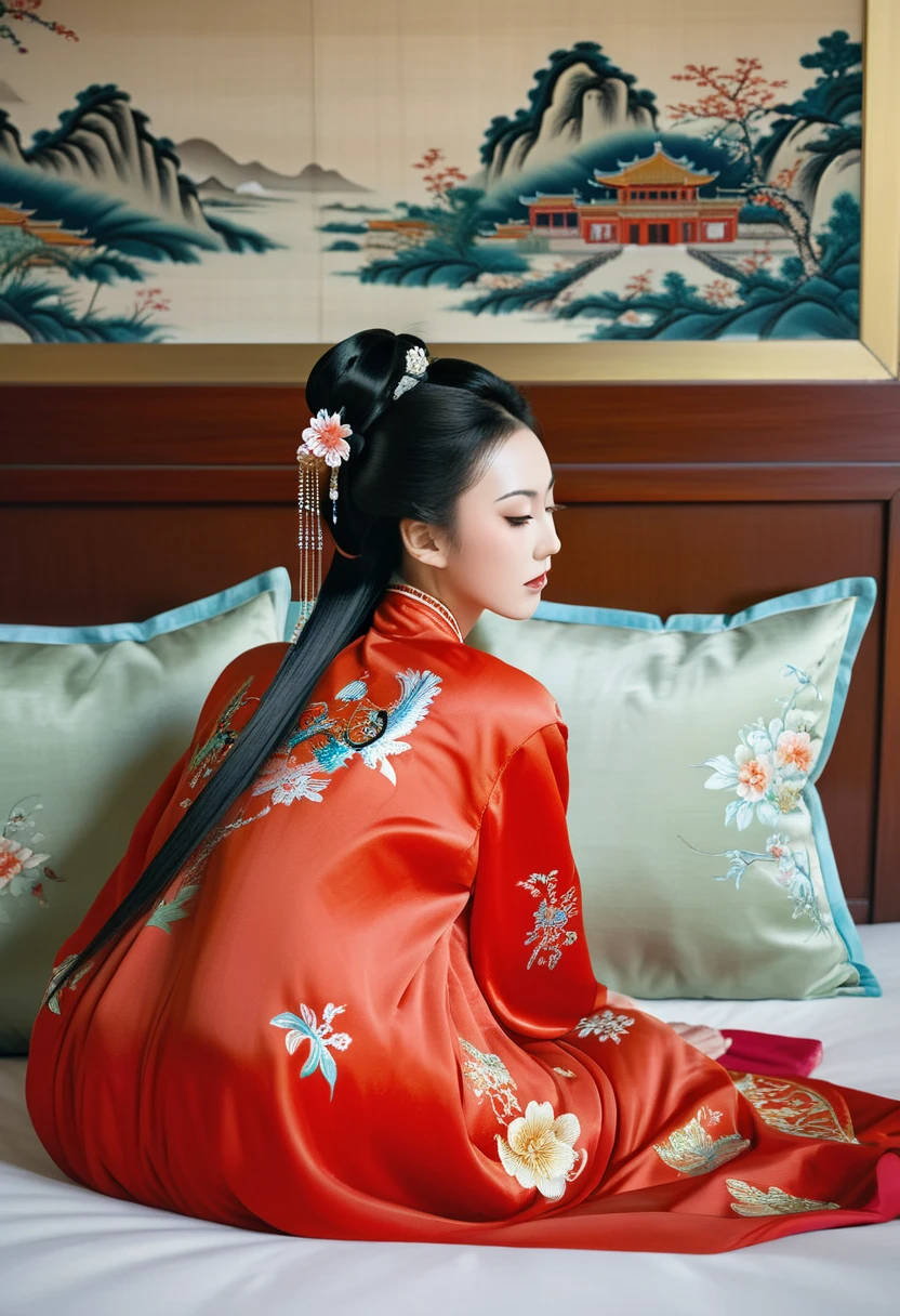 A side view of a Chinese empress relaxing in bed, with a close-up view of her buttocks. In the background is a Chinese palace from the Qing dynasty. She is sleeping in red Hanfu, with only her large buttocks sticking out. She is either wearing underwear or not, and her buttocks are sticking out and floating up.　　　　　　　　　　　　　　　　　　　　　　　　　　　　　　 Her hair is decorated with a large, flashy flower.　 The back of the hair is tied up and up.