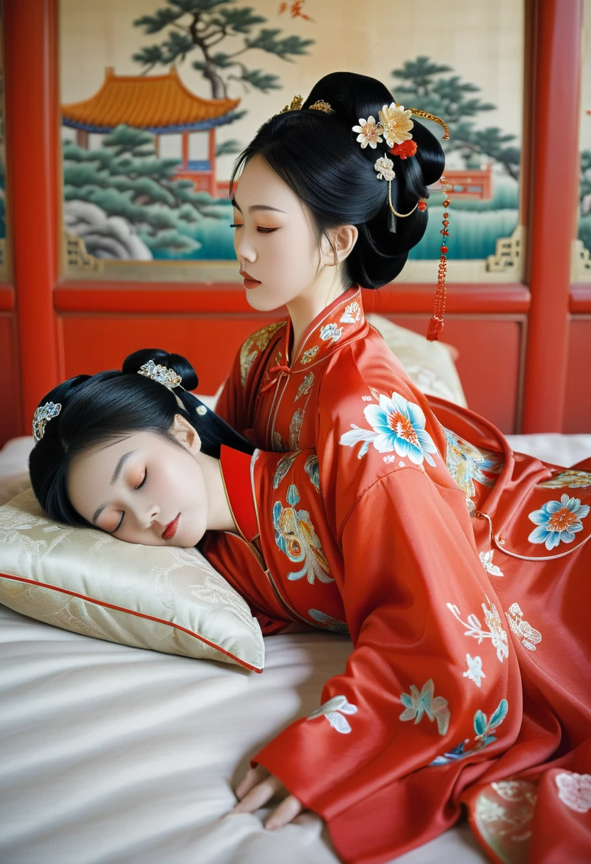 A side view of a Chinese empress relaxing in bed, with a close-up view of her buttocks. In the background is a Chinese palace from the Qing dynasty. She is sleeping in red Hanfu, with only her large buttocks sticking out. She is either wearing underwear or not, and her buttocks are sticking out and floating up. Her hair is decorated with a large, flashy flower. The back of the hair is tied up and up.