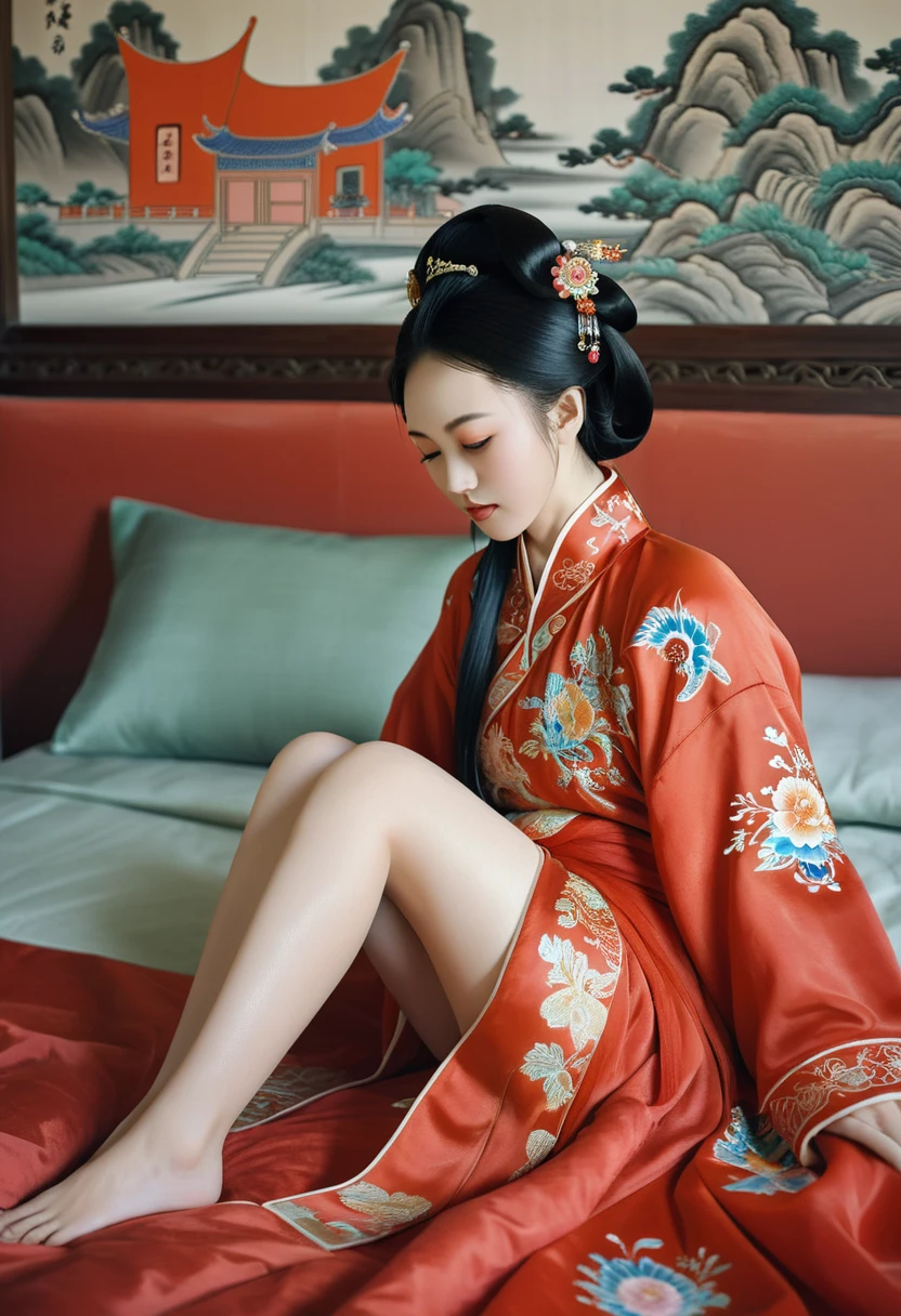 A side view of a Chinese empress relaxing in bed, with a close-up view of her buttocks. In the background is a Chinese palace from the Qing dynasty. She is sleeping in red Hanfu, with only her large buttocks sticking out. She is either wearing underwear or not, and her buttocks are sticking out and floating up. Her hair is decorated with a large, flashy flower. The back of the hair is tied up and up.