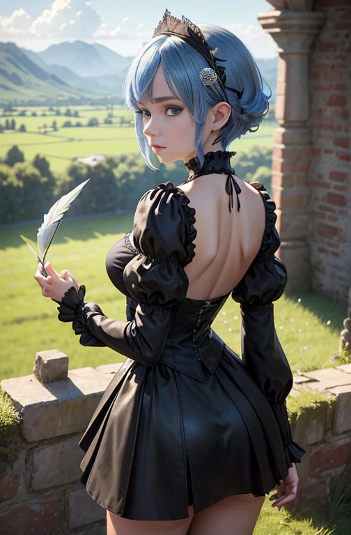 masterpiece, Top quality, High Resolution, HM2B, Blue eyes, Rem, blue short hair, Occasional hair ornaments, Clothes clippings, Long sleeves, Puff sleeves, Juliet sleeves, Feather ornaments, Black thighs, Black gloves, Black dress, Black skirt, Outdoors, Grass, Building, Ruins, Field, Back, Showing ass, Black panties, Cowboy shot,