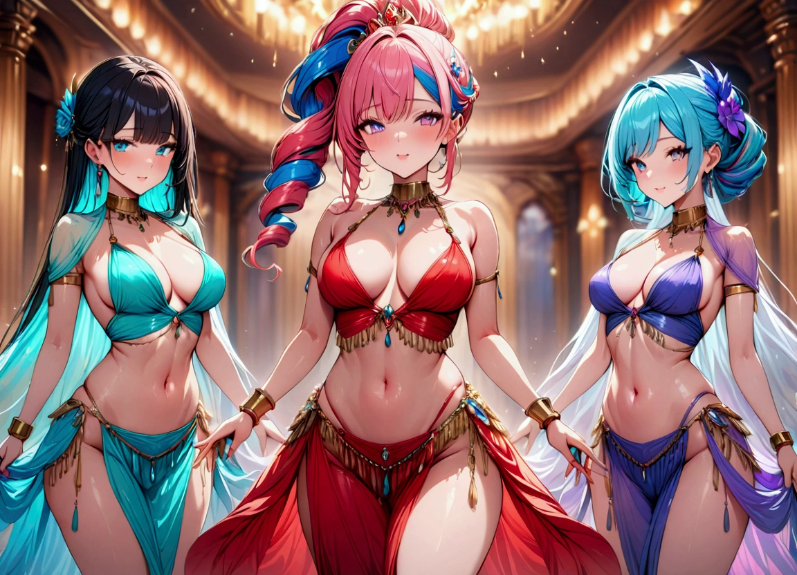 dancer, (masterpiece:1.2), best quality, high quality, Highres, (hyper detailed), 3girls, Various and colorful hairstyles