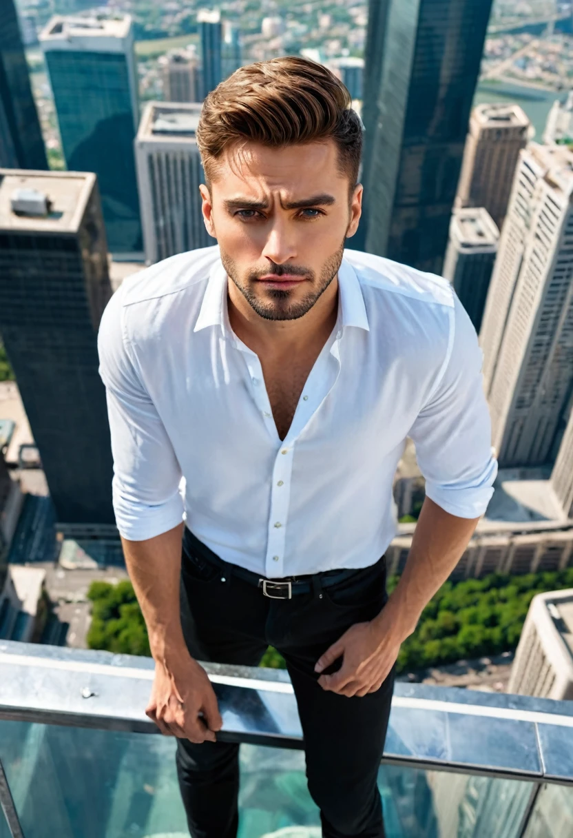 ((best quality)), ((masterpiece)), (detailed), perfect face,A handsome guy stands on the roof of a skyscraper and looks down on the city below.