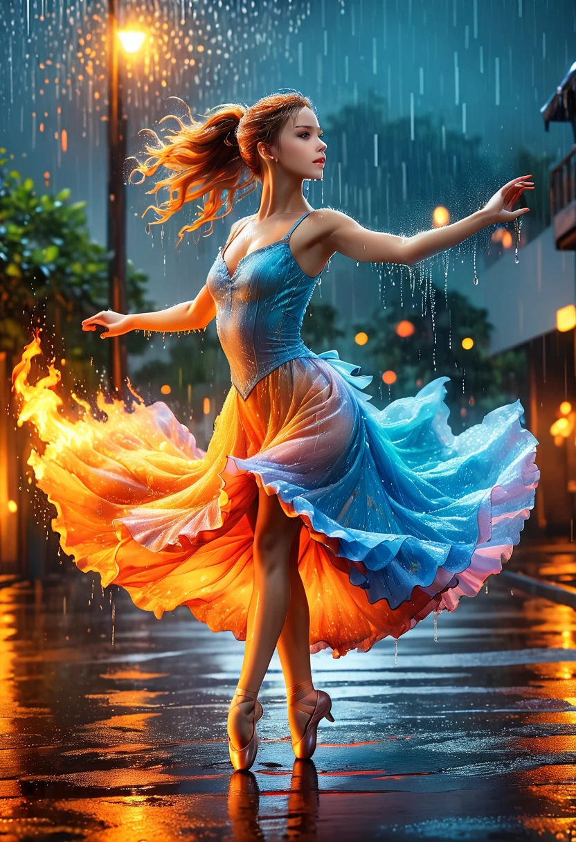 a portrait of female classical ballet prima ballerina dancing in the rain, a full body picture ((anatomically correct: 1.5)) of a exquisite beautiful female dancer wearing silk evening dress, intricate dress, (dress is on fire: 1.3), dynamic hair color, dynamic hair style, dynamic skin complexion, wearing ballet shoes, wearing thigh highs, ((she is standing in the middle of the rain storm: 1.5)), she is wet, yet enjoys the dance in the rain, cloudy night, lightning storm, dynamic background, vibrant, Ultra-high resolution, High Contrast, (masterpiece:1.5), highest quality, Best aesthetics), best details, best quality, highres, 16k, (ultra detailed: 1.5), masterpiece, best quality, (extremely detailed) RAW, (ultra details, Masterpiece, best quality), Cinematic Hollywood Film, artxldnc,