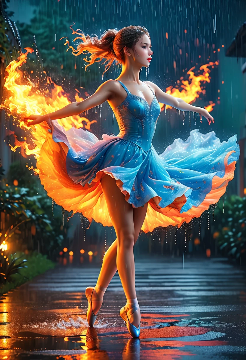 a portrait of female classical ballet prima ballerina dancing in the rain, a full body picture ((anatomically correct: 1.5)) of a exquisite beautiful female dancer wearing silk evening dress, intricate dress, (dress is on fire: 1.3), dynamic hair color, dynamic hair style, dynamic skin complexion, wearing ballet shoes, wearing thigh highs, ((she is standing in the middle of the rain storm: 1.5)), she is wet, yet enjoys the dance in the rain, cloudy night, lightning storm, dynamic background, vibrant, Ultra-high resolution, High Contrast, (masterpiece:1.5), highest quality, Best aesthetics), best details, best quality, highres, 16k, (ultra detailed: 1.5), masterpiece, best quality, (extremely detailed) RAW, (ultra details, Masterpiece, best quality), Cinematic Hollywood Film, artxldnc,