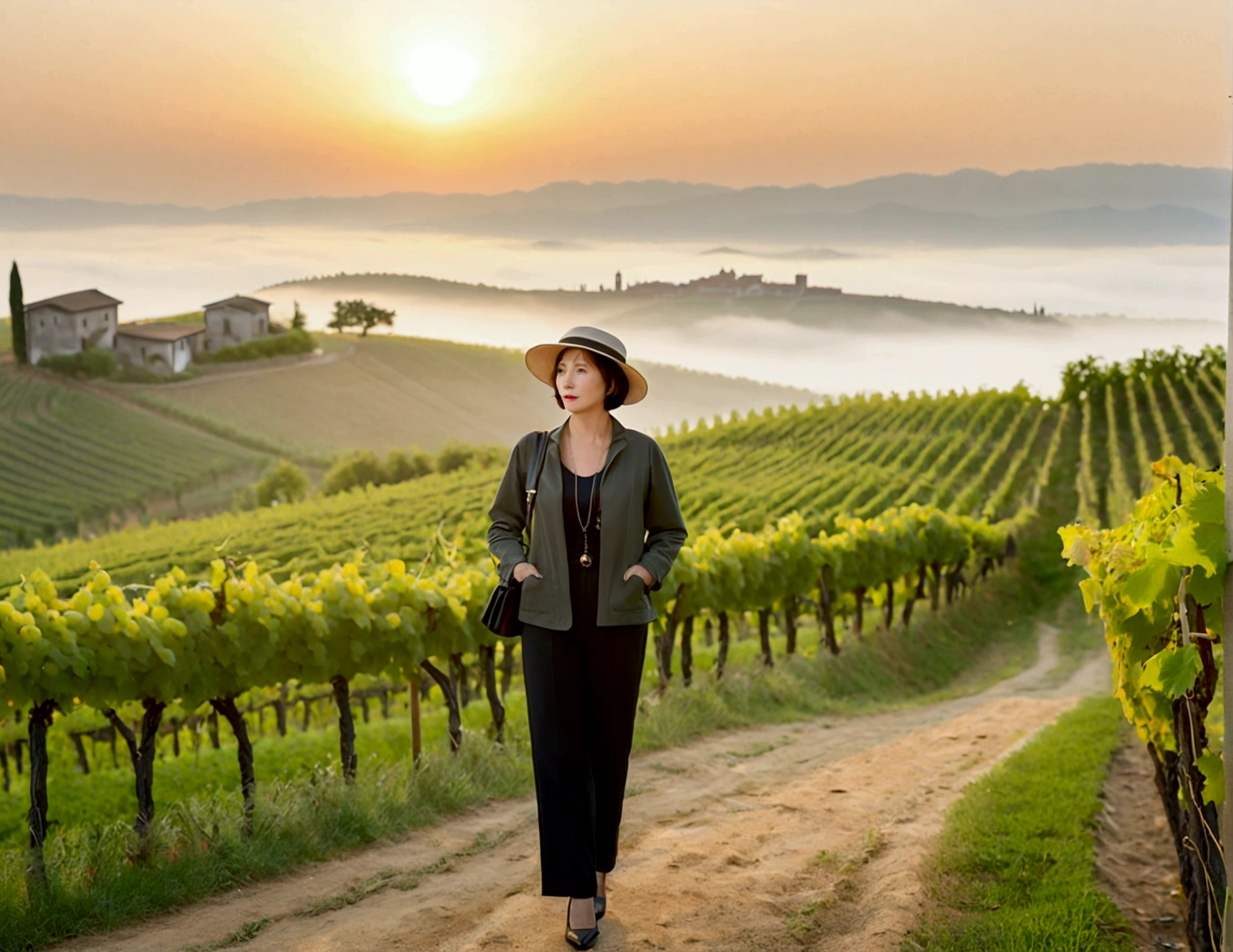 Italy foggy countryside dawn, Endless vineyards, A cathedral can be seen far away in the fog.. Korean woman in her 40s, travel jacket, casual pants, Korean woman with beautiful short medium bob hair, Standing on a path on top of a vineyard hill, Beautiful Korean woman with bright and clear skin, The neckline is clean and beautiful.. Korean woman with a graceful and humble expression,Wear a slightly large, high-quality hat with a round rim., standing in the vineyard , small black string necklace, 1 woman