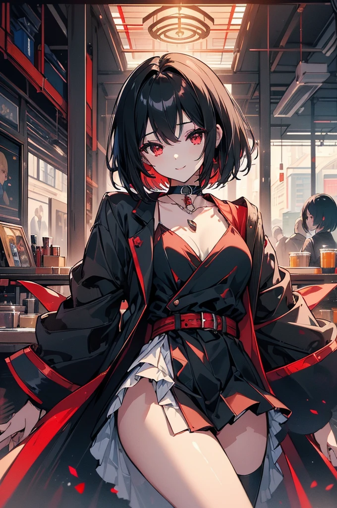 (masterpiece, highest quality, highest quality, (No text), Beautiful and aesthetic:1.2),No text,アニメ、BREAK,One Girl,Black Hair Girl short hair older sister choker Beautiful eyes Red eyes cool smile Black and Red dress Black jacket mini skirt whole body In town