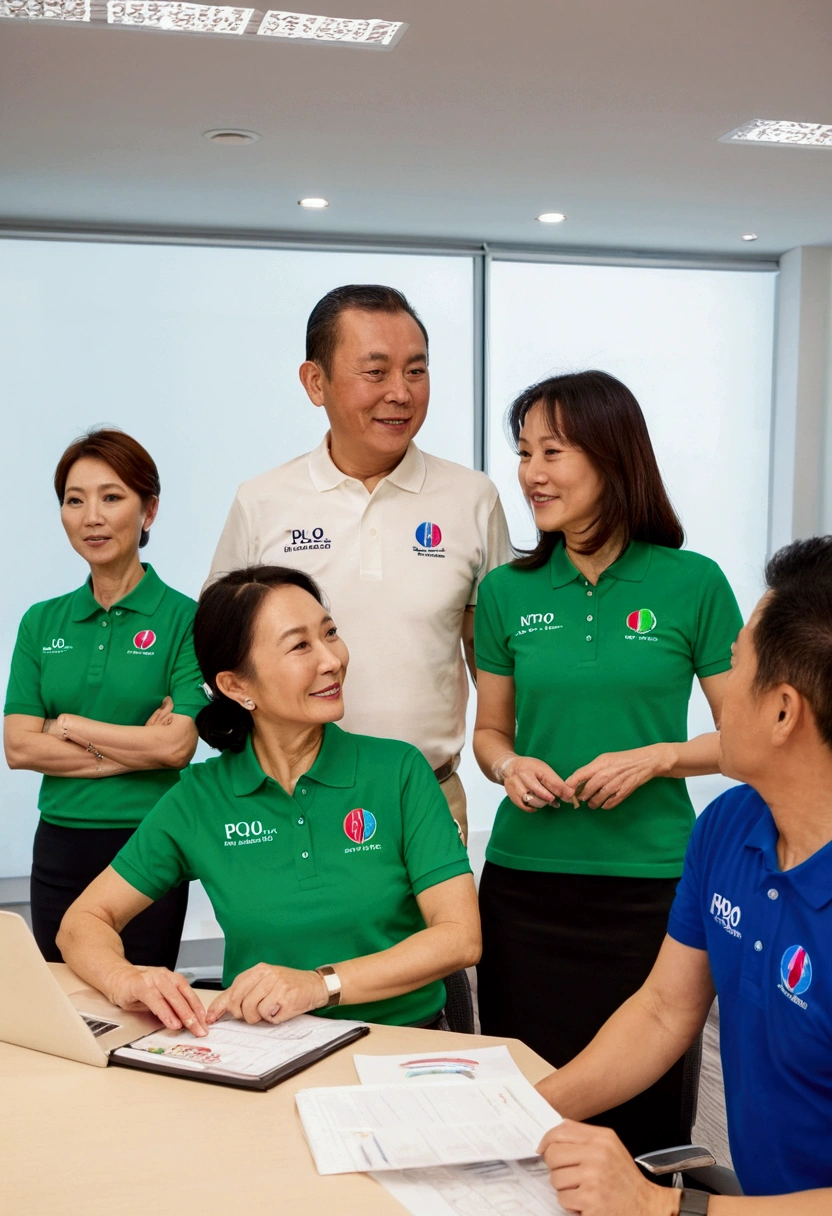 Five middle-aged men and one middle-aged woman are receiving training in a conference room。All of them are wearing polo shirts of different colors.。On the chest of a polo shirt「NPO」It has the logo