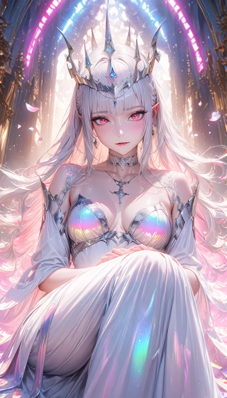 from below, seamless image fusion, beautiful and adorable white demon queen, amorous and lewd face, cool and sadistic, looking down with a cold gaze, make-up, silky straight white hair, wearing iridescent pure white long dress, choker, great proportion, crimson eyes, luxuriously designed pure white castle, languidly seated on gold thread-decorated throne, iridescent petals fluttering down, rainbow neon light effects, shading effects, gradation magic effects, glitter effects, (ultra detailed, absolutely resolution, best quality:1.3), 2.5D, delicate and dynamic, artistic photography, hyper realistic, graphic CG digital art