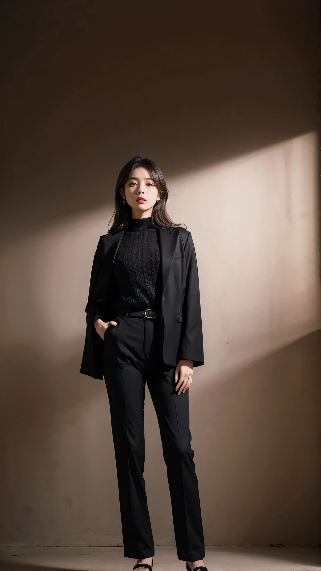 (masterpiece, Highest quality:1.2), From below, alone, One girl, aloud, Expressionless, Mouth closed, View your viewers, Hands on hips, Black jacket, Cape, Black trousers, Black gloves