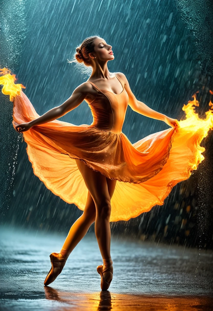 a portrait of female classical ballet prima ballerina dancing in the rain, a full body picture ((anatomically correct: 1.5)) of a exquisite beautiful female dancer wearing silk evening dress, intricate dress, (dress is on fire: 1.3), dynamic hair color, dynamic hair style, dynamic skin complexion, wearing ballet shoes, wearing thigh highs, ((she is standing in the middle of the rain storm: 1.5)), she is wet, yet enjoys the dance in the rain, cloudy night, lightning storm, dynamic background, vibrant, Ultra-high resolution, High Contrast, (masterpiece:1.5), highest quality, Best aesthetics), best details, best quality, highres, 16k, (ultra detailed: 1.5), masterpiece, best quality, (extremely detailed) RAW, (ultra details, Masterpiece, best quality), Cinematic Hollywood Film, artxldnc,