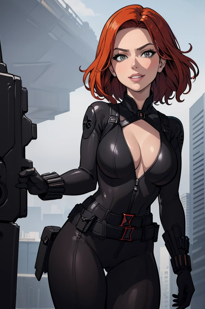 masterpiece, best quality,  blkwidow, black bodysuit, cleavage, black belt, black gloves, cityscape, from side, from below, looking at viewer, fist, grin, cityscape, night