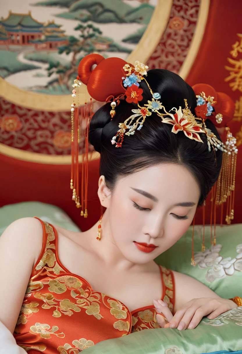 A side view of a Chinese empress relaxing in bed, with a close-up view of her buttocks. In the background is a Chinese palace from the Qing dynasty. She is sleeping in red Hanfu, with only her large buttocks sticking out. She is either wearing underwear or not, and her buttocks are sticking out and floating up.　　　　　　　　　　　　　　　　　　　　　　　　　　　　　　 Her hair is decorated with a large, flashy flower.　 The back of the hair is tied up and up.