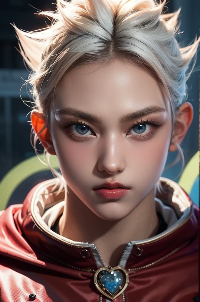 A true masterpiece of masculine beauty, goku girl, super sayagin 5, 20 years old, Wears a martial arts outfit and fights in a haunted and abandoned city, solo. Moonlight accentuates muscles just right. The landscape is lush and mysterious, with a dark city. The camera details everything. When looking at beautiful eyes, attractive blue eyes facing the viewer, one can clearly see every small detail, every perfect line, every detail of beautiful 8K quality skin, everyone is captivated by the beauty. Confidence radiates from every look. His head has white hair and his face is meticulously detailed in 8K quality images. Is a character in the Dragon Ball Seven series.