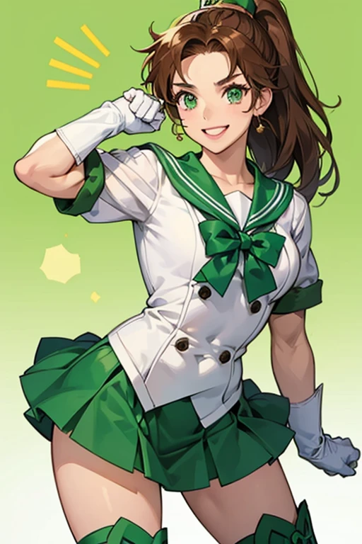 A muscular mature woman with brown hair and a ponytail dressed as Sailor Jupiter, wearing green boots and white gloves, smiling and making a fist pump at the Comiket venue