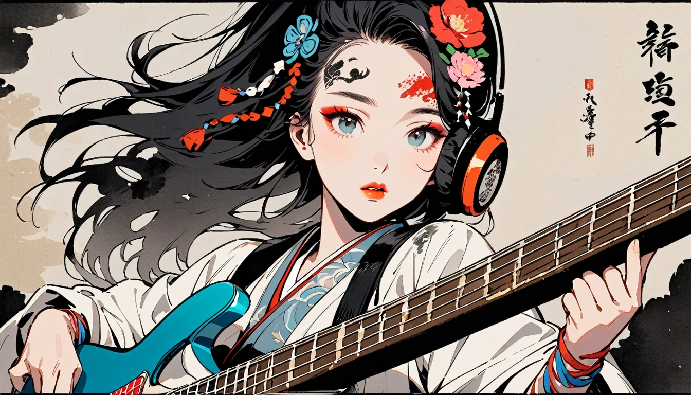 (((Ink Painting))), Fashion portrait color photos, (((1 girl))), (((Playing electric bass))), (((Tattoo in the center of the forehead))), (((Very flashy hair accessories))), (((Very flashy makeup))), Japanese style headphones, front view, Japan人の美少女, Black Hair, Delicate and precise, Modern ukiyo-e style,Japan, Droopy eyes, round face, Fuller lips