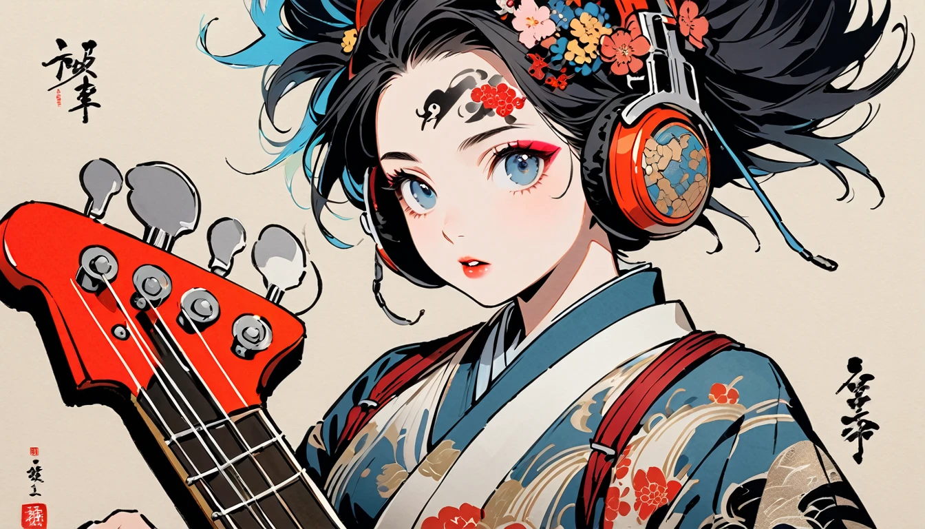 (((Ink Painting))), Fashion portrait color photos, (((1 girl))), (((Playing electric bass))), (((Tattoo in the center of the forehead))), (((Very flashy hair accessories))), (((Very flashy makeup))), Japanese style headphones, front view, Japan人の美少女, Black Hair, Delicate and precise, Modern ukiyo-e style,Japan, Droopy eyes, round face, Fuller lips