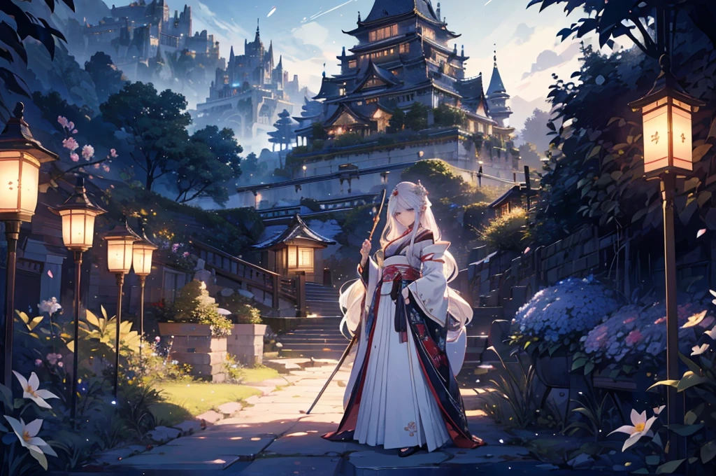 A detailed, elegant young woman with long flowing white hair wearing a traditional Japanese magical skirt, holding a staff, casting an ice magic spell in a lush flower garden with a castle in the background, high quality, detailed, realistic, intricate, cinematic lighting, beautiful colors, fantasy art style