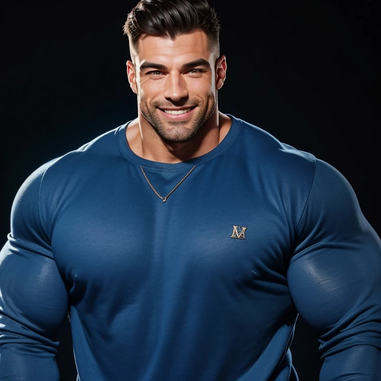 A handsome, smiling, massively muscular man with massively large muscles, wearing a simple blue sweatshirt, on a black background