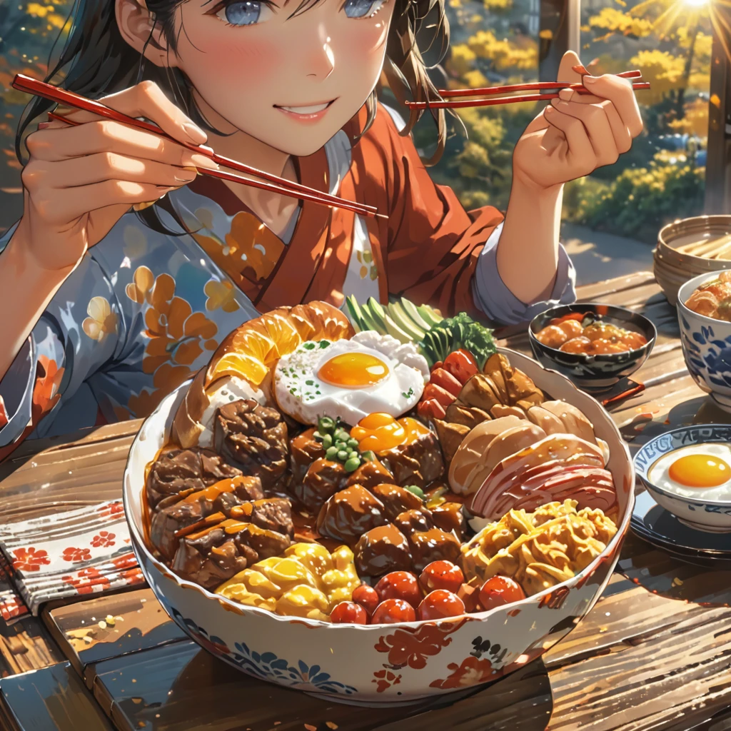 eating breakfast, good scenery, beautiful sunshine, best food, soft hands, hands holding chopstick, choptick holding food, anime style, masterpiece, UHD, accurate, high quality, high details, super detail, award winning, best quality, 16k
