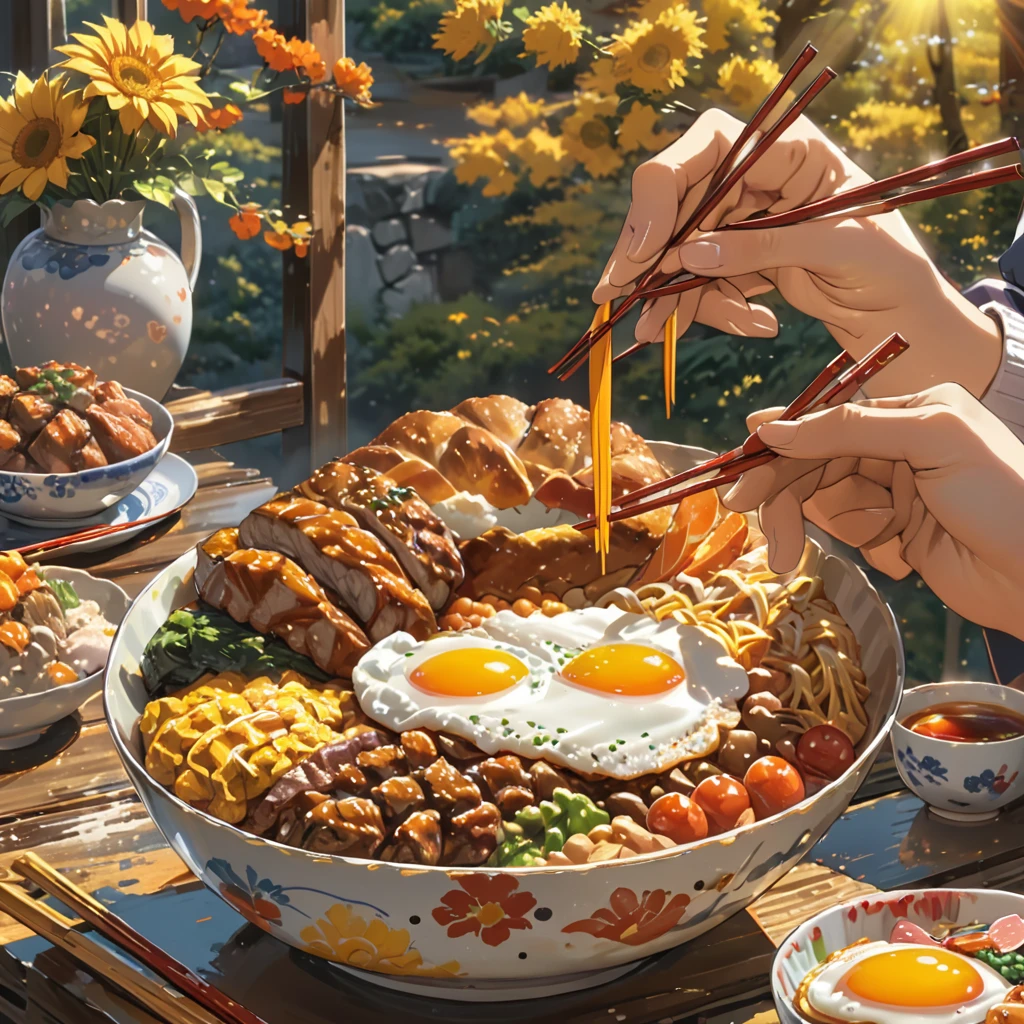eating breakfast, good scenery, beautiful sunshine, best food, soft hands, hands holding chopstick, choptick holding food, anime style, masterpiece, UHD, accurate, high quality, high details, super detail, award winning, best quality, 16k