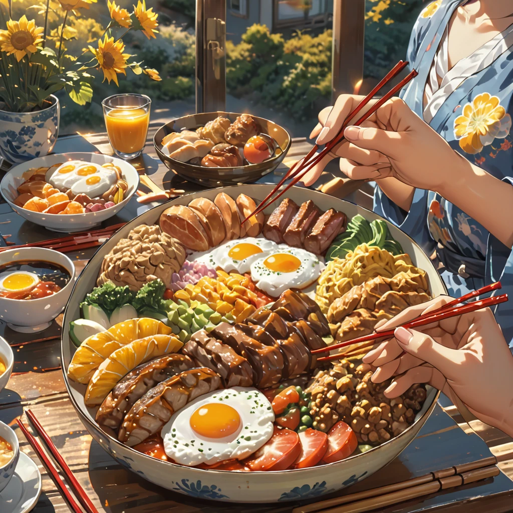 eating breakfast, good scenery, beautiful sunshine, best food, soft hands, hands holding chopstick, choptick holding food, anime style, masterpiece, UHD, accurate, high quality, high details, super detail, award winning, best quality, 16k