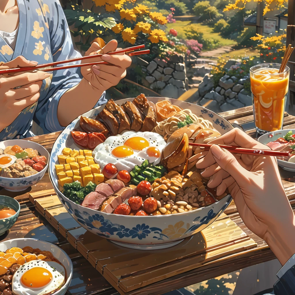 eating breakfast, good scenery, beautiful sunshine, best food, soft hands, hands holding chopstick, choptick holding food, anime style, masterpiece, UHD, accurate, high quality, high details, super detail, award winning, best quality, 16k