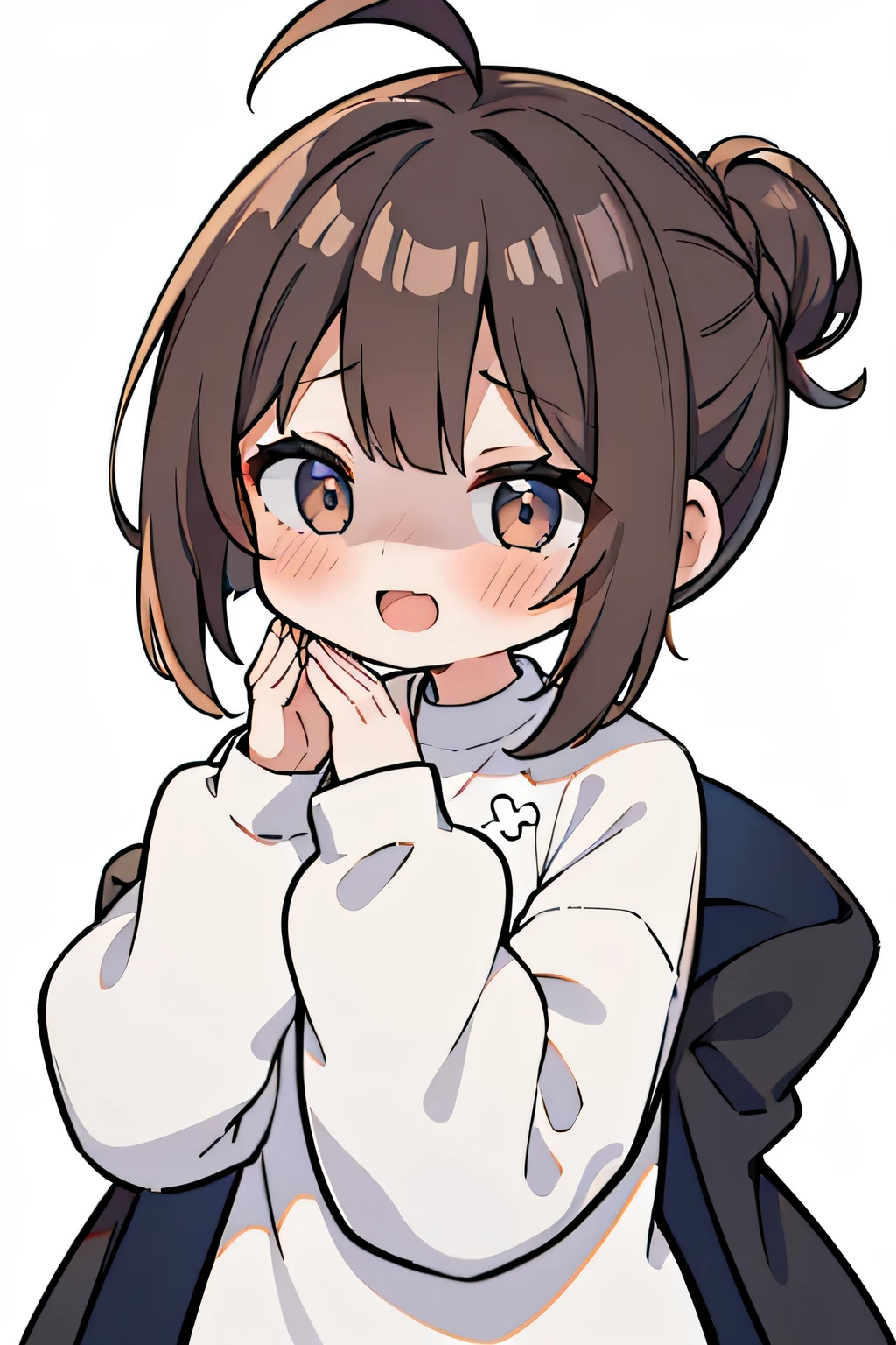 masterpiece, best quality, detailed, ((( 1 girl ))) , ( yandere:1.3 ) , ( light brown hair ) , ( single chignon hairstyle:1.3 ), ( the bangs are even:1.3 ), ahoge , ( oversized white sweatshirts on tight black inner:1.3 ) , slender style , facing the front , ((( chibi character ))) , upper body , smile , open mouth , ( exultation:1.3 ) , nose blush , ( from front:1.1 ) , deep red big eye , ( simple white background:1.3 ) , both hands on own cheek