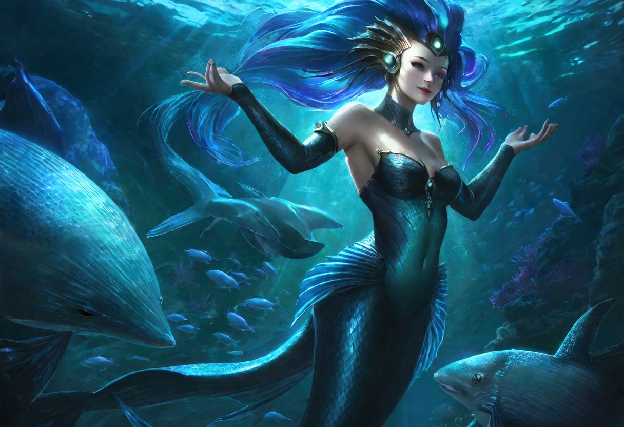 a cute woman mermaid, turquoise hair, pale skin, blue scales, breast covers, dancing with a blue shark, deep in the ocean, glowing creatures, lighting the scene, best quality,4k,8k,highres,masterpiece:1.2,ultra-detailed,realistic,photorealistic,photo-realistic:1.37,fantasy,underwater,ocean,marine life,bioluminescence,colorful,vibrant,cinematic lighting,dramatic