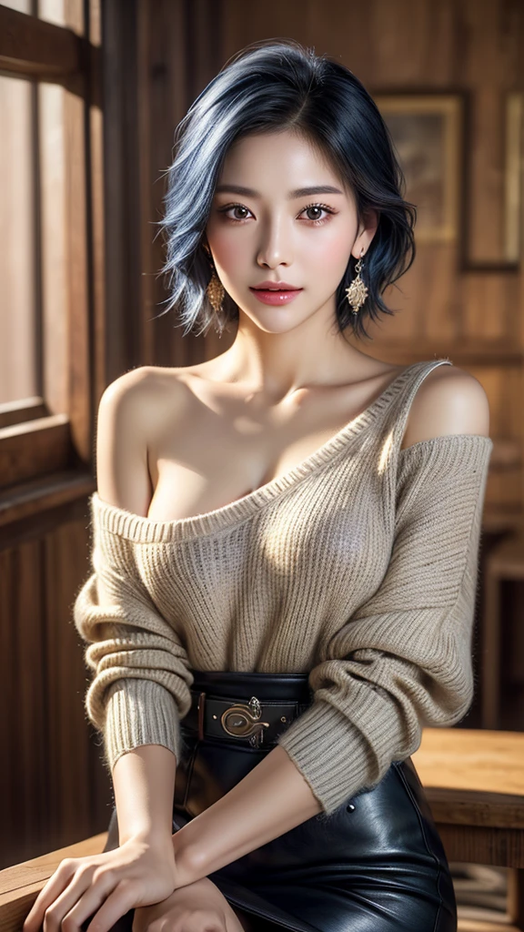 (8K, highest quality, masterpiece:1,2), (realistic, Photoreal:1.37), Super detailed, one girl,), (very detailed), (detailed and beautiful eyes), ((((highly detailed artwork))))、Earrings、((Two-toned hair))、ponytail、(((Inside a stylish secondhand clothing store)))、(masterpiece、Highest quality、In 8K、32K、masterpiece、Super huge 、Ultra-high resolution、Impressionism、Realistic:1.2)、((Cowboy Shot)),  Sharp focus、Beautiful face with detailed background of face and eyelids、Glowing Skin、Sharp pupils、Realistic eyes and beautiful face、Blurred Background、Beautiful 28 year old girl、Glowing Skin、(((bright and beautiful hair)))、iris、curve、Powerful composition,  ((seductive looks))、((horny expression))、、(light blue hair color))、[black hair]、Best Quality, Ultra High Definition, (Photorealistic:1.4),Sunset Light, Ponytail, Korean Women, (big breasts), Detailed Photo, Smiling, Sexy, Black Shirt, Facing Camera,  (Masterpiece: 1.3), (8K, Photorealistic, Best Quality: 1.4), (1girl), Beautiful Face, (Realistic Face), (Black Hair, Short Hair: 1.3), Beautiful Hairstyle, Realistic eyes, beautiful detail eyes, (realistic skin), beautiful skin, (sweater), absurd, attractive, ultra high resolution, ultra realistic, high definition, golden ratio, sitting, crossed legs, black skirt, ((shoulder length hair))