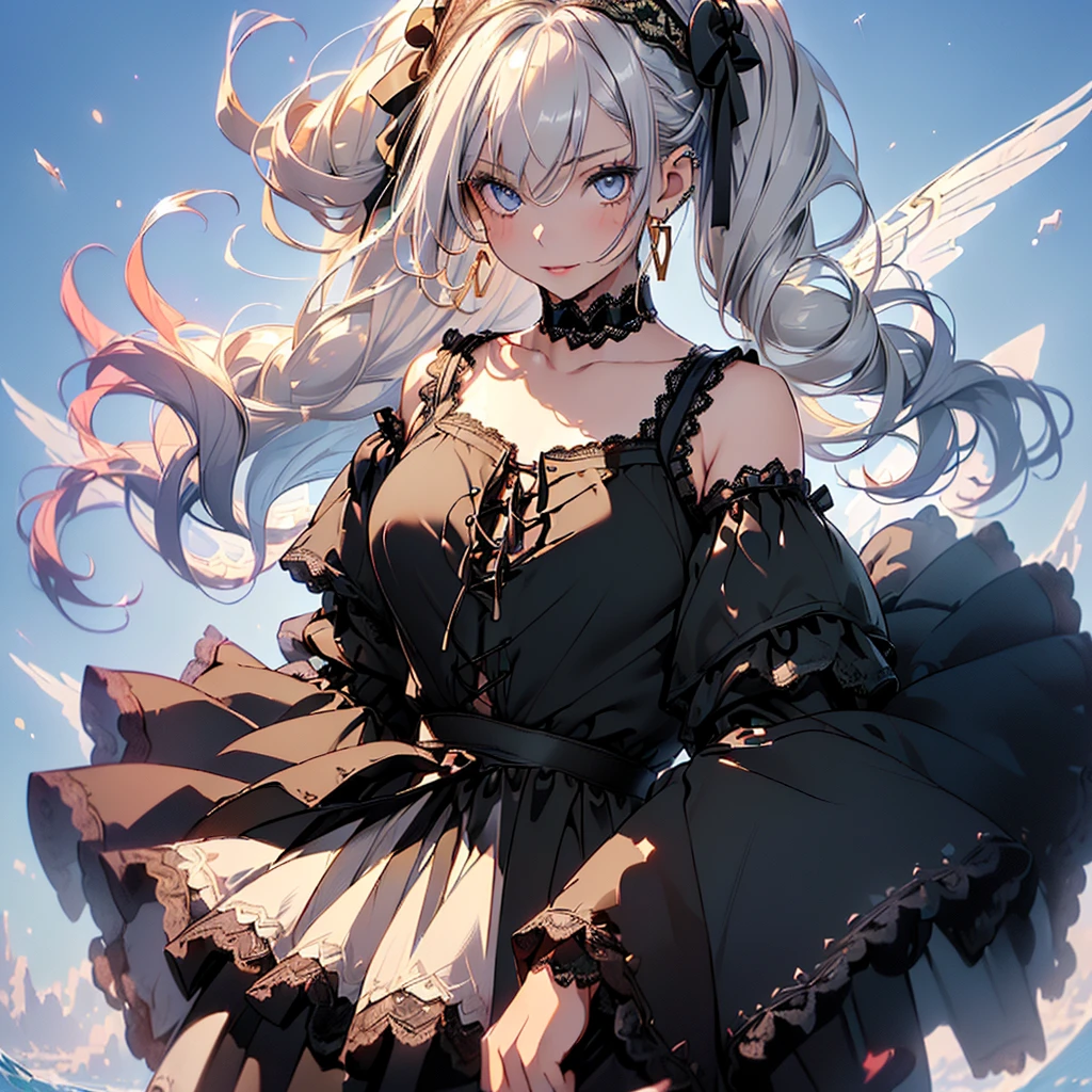 (masterpiece:1.5), ultra quality, 8K, high resolution, super fine illustration, Detailed line art, Precision in the details, (insanely detailed), depth of field,
perfect anatomy, multiple characters,
(3girls), three girls in line, (center girl is(delicate beauty girl, ars_old girl, silver hair silver, extreme long hair, bang, french_braid, (floating hair:1.4), hair browning in wind, (fine detailed eyes), (blue eyes), (back lace-up camisole:1.4), gothic-lolita, parted lips, jewelry, earrings,)), (left girl is (super beautiful and volutuous girl, 20years_old girl, blush, smile, transparent blonde hair, wavy hair, super long hair, floating hair, green eyes, fine detailed eyes, large bast, black chiffon dress, (layered sleeves), (layered chiffon skirt), lot of ruffles, cascade ruffles, sheer fashion, see-through, parted lips,), (right girl is (10yeold girl, white hair, long hair, twintails, gold eyes, sweet lolita dress,)), (cinematic lighting:1.2), (cinematic shadow:1.2),