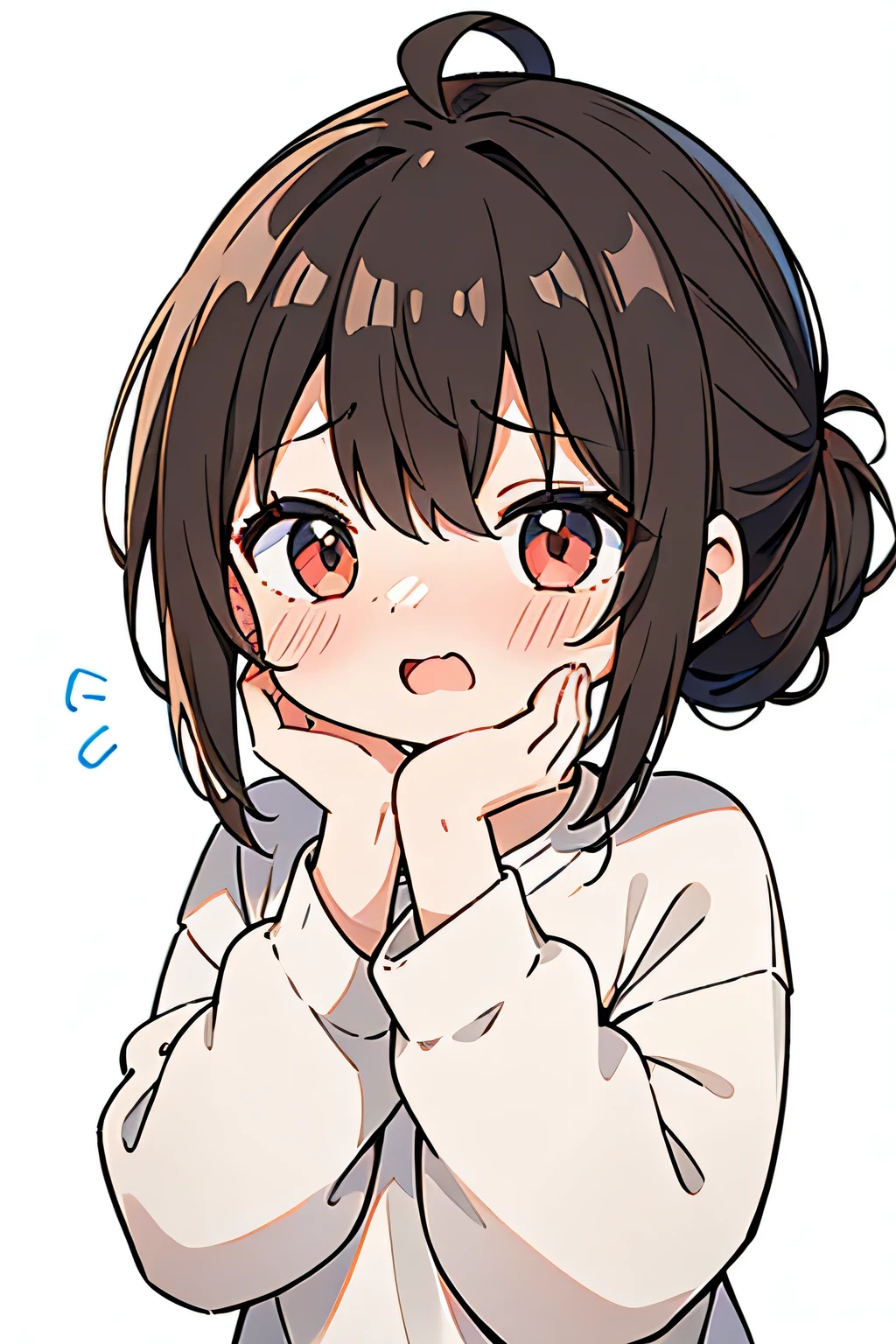 masterpiece, best quality, detailed, ((( 1 girl ))) , ( yandere:1.3 ) , ( light brown hair ) , ( single chignon hairstyle:1.3 ), ( the bangs are even:1.3 ), ahoge , ( oversized white sweatshirts on tight black inner:1.3 ) , slender style , facing the front , ((( chibi character ))) , upper body , smile , open mouth , ( anguish:1.3 ) , nose blush , ( from front:1.1 ) , deep red big eye , ( simple white background:1.3 ) , both hands on own cheek