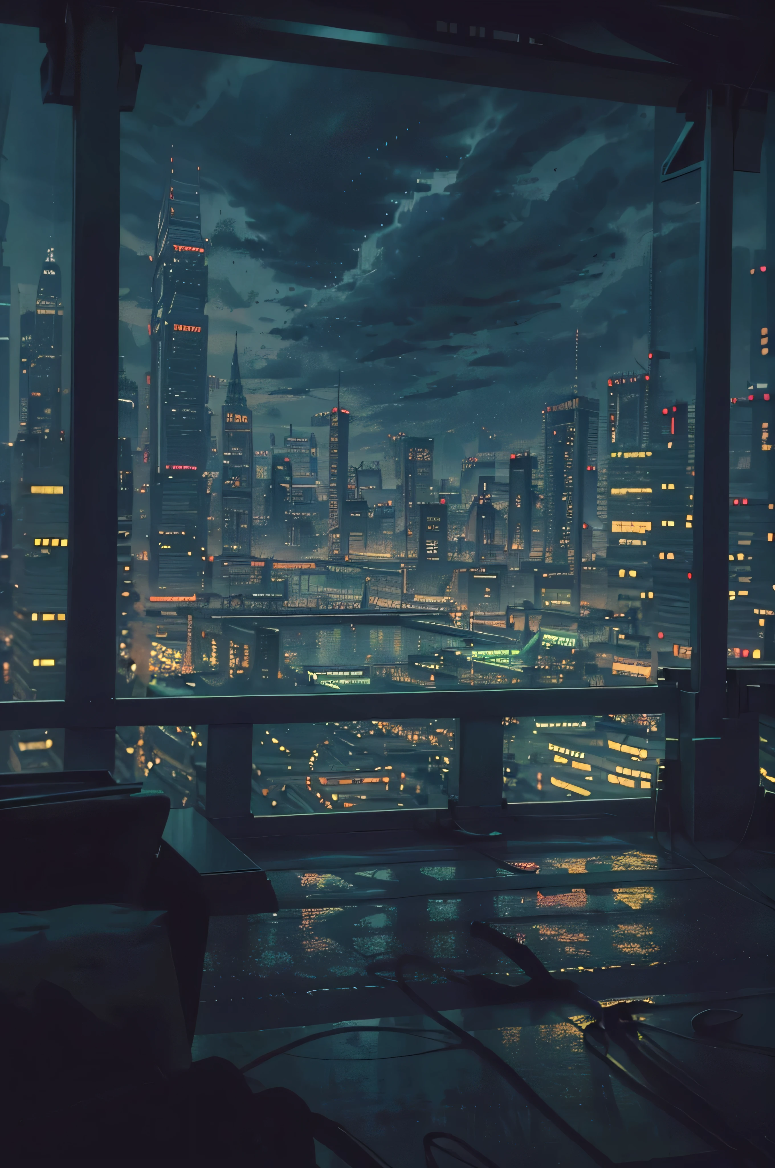 a futuristic city skyline, cyberpunk city at night, floating island, advanced technology, dystopian, neon lights, moody atmosphere, dark clouds, dramatic lighting, dramatic cinematic, muted colors, metallic structures, flying cars, glowing windows, towering skyscrapers, (best quality,4k,8k,highres,masterpiece:1.2),ultra-detailed,(realistic,photorealistic,photo-realistic:1.37),cinematic composition,dramatic camera angle