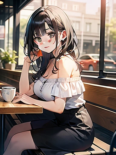 In 8K、Highest quality、masterpiece、Very detailed、Ultra-high resolution、naked、Nipples、One Woman、Off the shoulder、coffee shop、Open Cafe、Drinking tea。Long black hair、Big Breasts