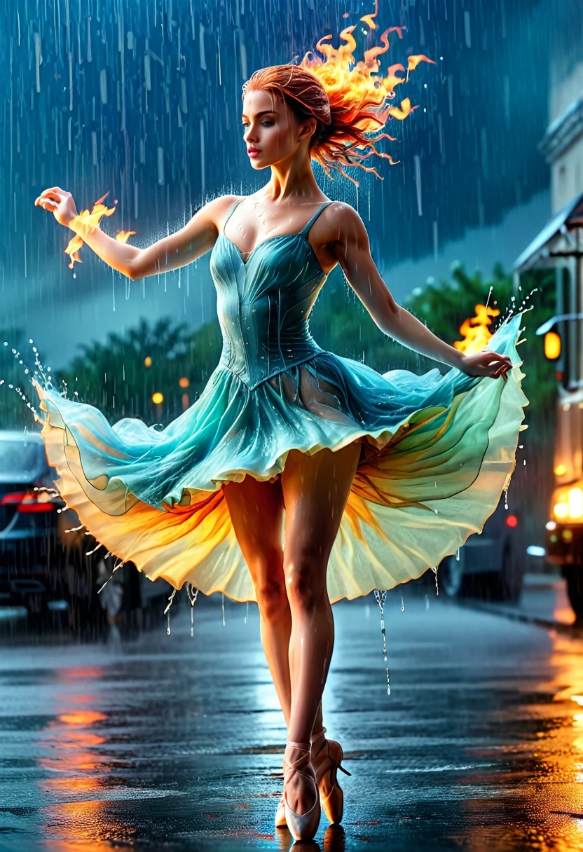 a portrait of female classical ballet prima ballerina dancing in the rain, a full body picture ((anatomically correct: 1.5)) of a exquisite beautiful female dancer wearing silk evening dress, intricate dress, (dress is on fire: 1.3), dynamic hair color, dynamic hair style, dynamic skin complexion, wearing ballet shoes, wearing thigh highs, ((she is standing in the middle of the rain storm: 1.5)), she is wet, yet enjoys the dance in the rain, cloudy night, lightning storm, dynamic background, vibrant, Ultra-high resolution, High Contrast, (masterpiece:1.5), highest quality, Best aesthetics), best details, best quality, highres, 16k, (ultra detailed: 1.5), masterpiece, best quality, (extremely detailed) RAW, (ultra details, Masterpiece, best quality), Cinematic Hollywood Film, artxldnc,