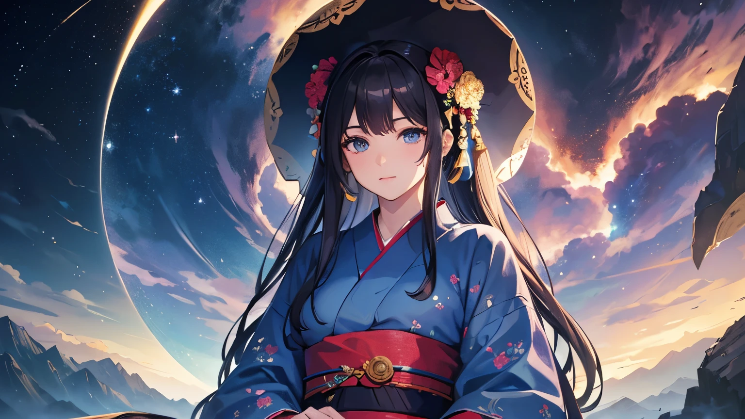 masterpiece,highest quality,((Super Detailed Woman1)),Super detailed face,Super detailed eye,yukata,Sitting,day time,Fantasy,Calm,nebula,High resolution