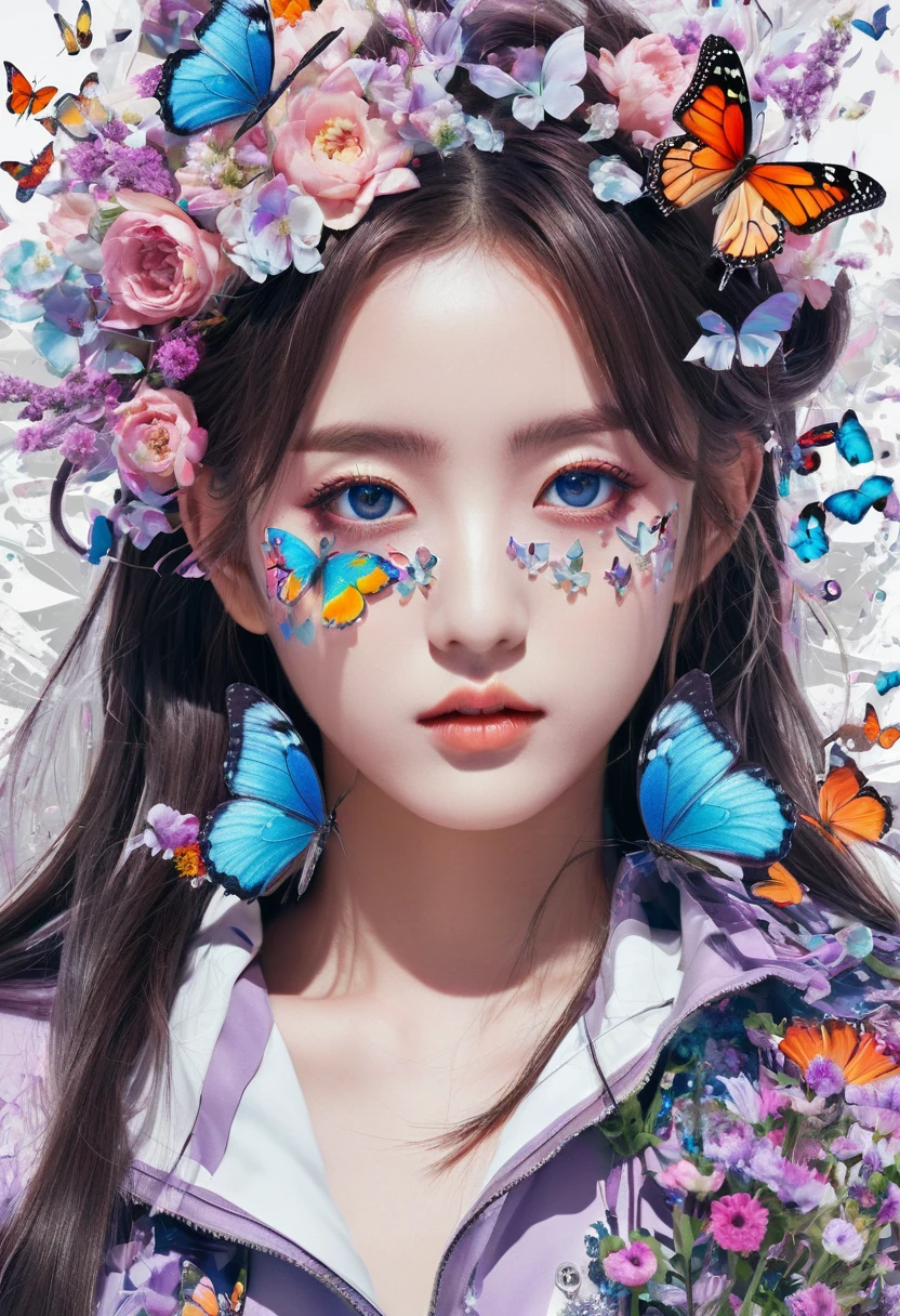 (masterpiece:1.1), (highest quality:1.1), (HDR:1.0), ambient light, ultra-high quality,( ultra detailed original illustration), (1girl, full body), ((harajuku fashion)), ((flowers with human eyes, flower eyes)), double exposure, fusion of fluid abstract art, glitch, (original illustration composition), (fusion of limited color, maximalism artstyle, geometric artstyle, butterflies, junk art)