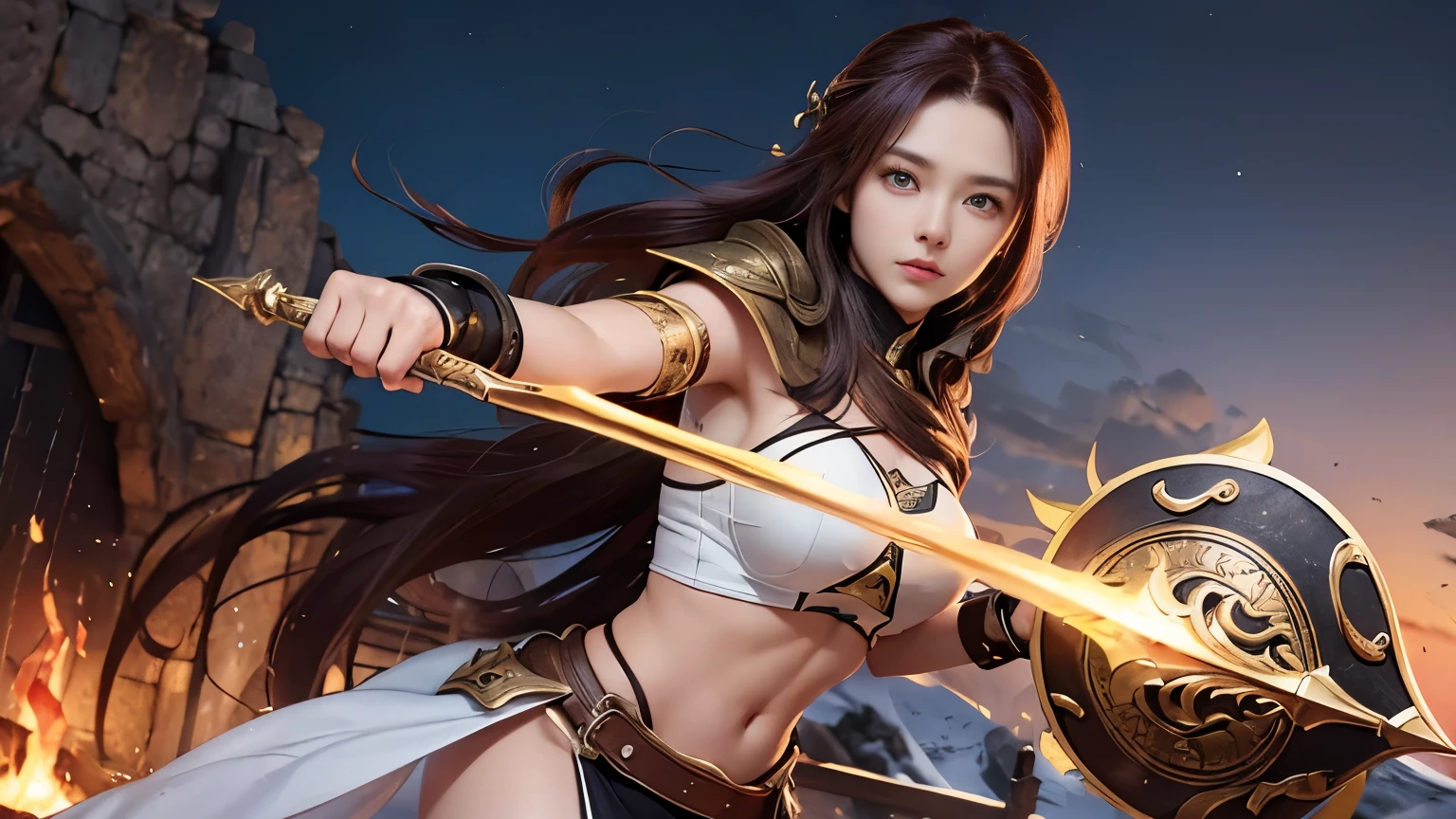 age: Early 30s、Big sister type: woman
hairdo: Red-brown, long, Curly eye color: amber、Golden ratio face skin color: Healthy tan clothing: Warrior-style armor, Red and gold accessories: Silver bracelet, Star tattoo personality:
Brave, passionate, loyal, strong will background:
Birthplace: Warrior Village, Mountain Area Special Skills: Combat Skills, tactics, Leadership Situations:
place: Mountain top, Dusk Action: Preparing for Battle,
Props: sword, shield, Star Emblem、Cang、black、white、A world-class professional photographer uses SONY α7 III, Photographed with FE 16-35mm F4 ZA OSS