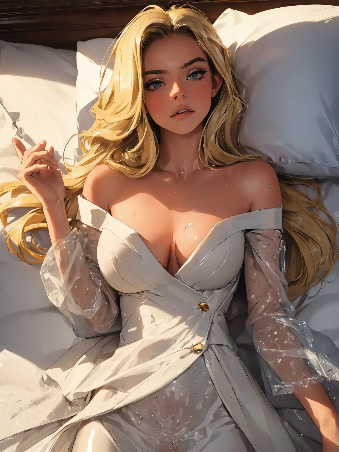 (best quality: 1.2), clean face, (masterpiece: 1.2, 8k) perfect anatomy, 1 girl) a beautiful fashion model ,(masterpiece, official art, best quality shiny hair, blonde hair with streaks in hair, full lips, naked jewelry, big breasts, shiny breasts, naked, shiny skin, lying on back, looking at viewer, (((girl having sex,Cumshot,Climax)))