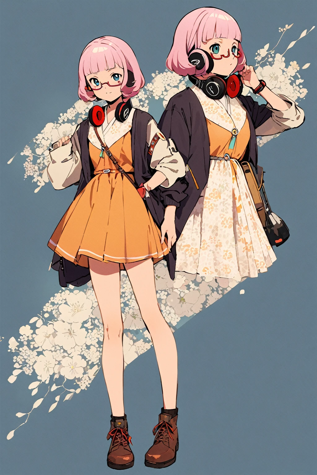 (extremely detailed fine touch:1.3), (((semi-rimless eyewear:1.3))), (wear headphones around neck:0.9), short hair, blunt bangs, 1girl, 2.5d face, full body, showa retro
