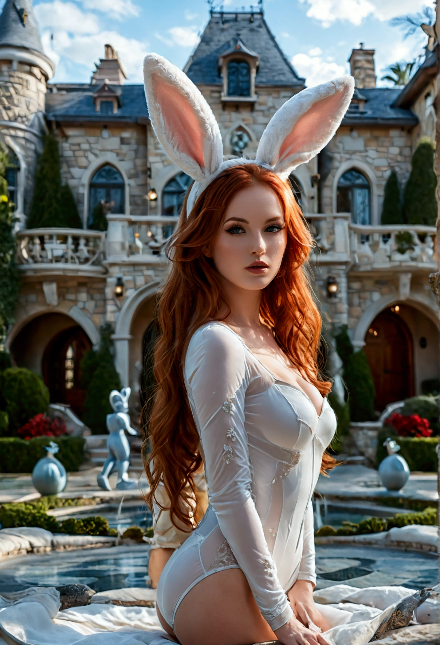 (full body shot:1.7) photorealistic image of a (laying pose:1.3) woman, ultra realistic, photography, long red hair, girl, 24 years old, hourglass figure, perfect body, natural medium breasts, she is wearing a tight white bodysuit, she wears bunny ears, she stands in front of the Playboy Mansion, she has smokey eye make-up, long eyelashes, she is looking seductive, seduction, dreamy look, full body, full body picture, full body shot, wide angle, wide angle picture, wide angle shot,