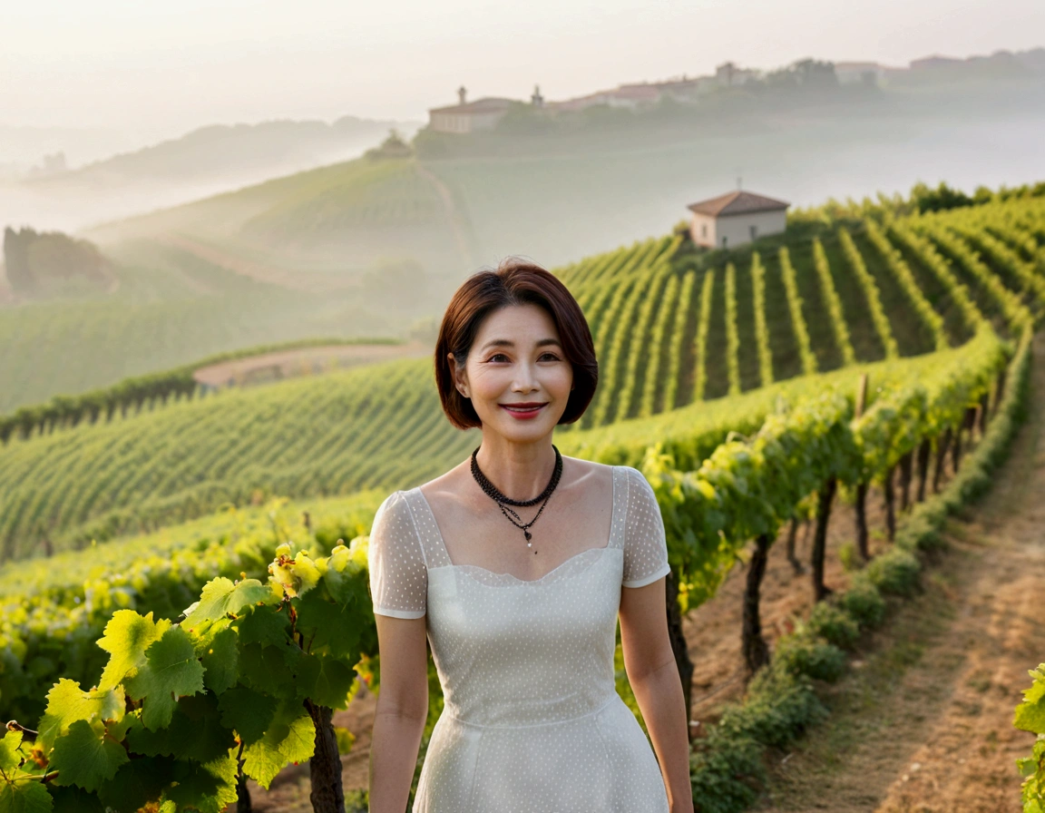Italy foggy countryside dawn, Endless vineyards, A cathedral can be seen far away in the fog.. Korean woman in her 40s, wearing a plain dress, Korean woman with beautiful short medium bob hair, Standing on a path on top of a vineyard hill, Beautiful Korean woman with bright and clear skin, The neckline is clean and beautiful.. Elegant and modest, Korean woman smiling,Looks like Ruri Rarak is alive., standing in the vineyard , small black string necklace, 1 woman