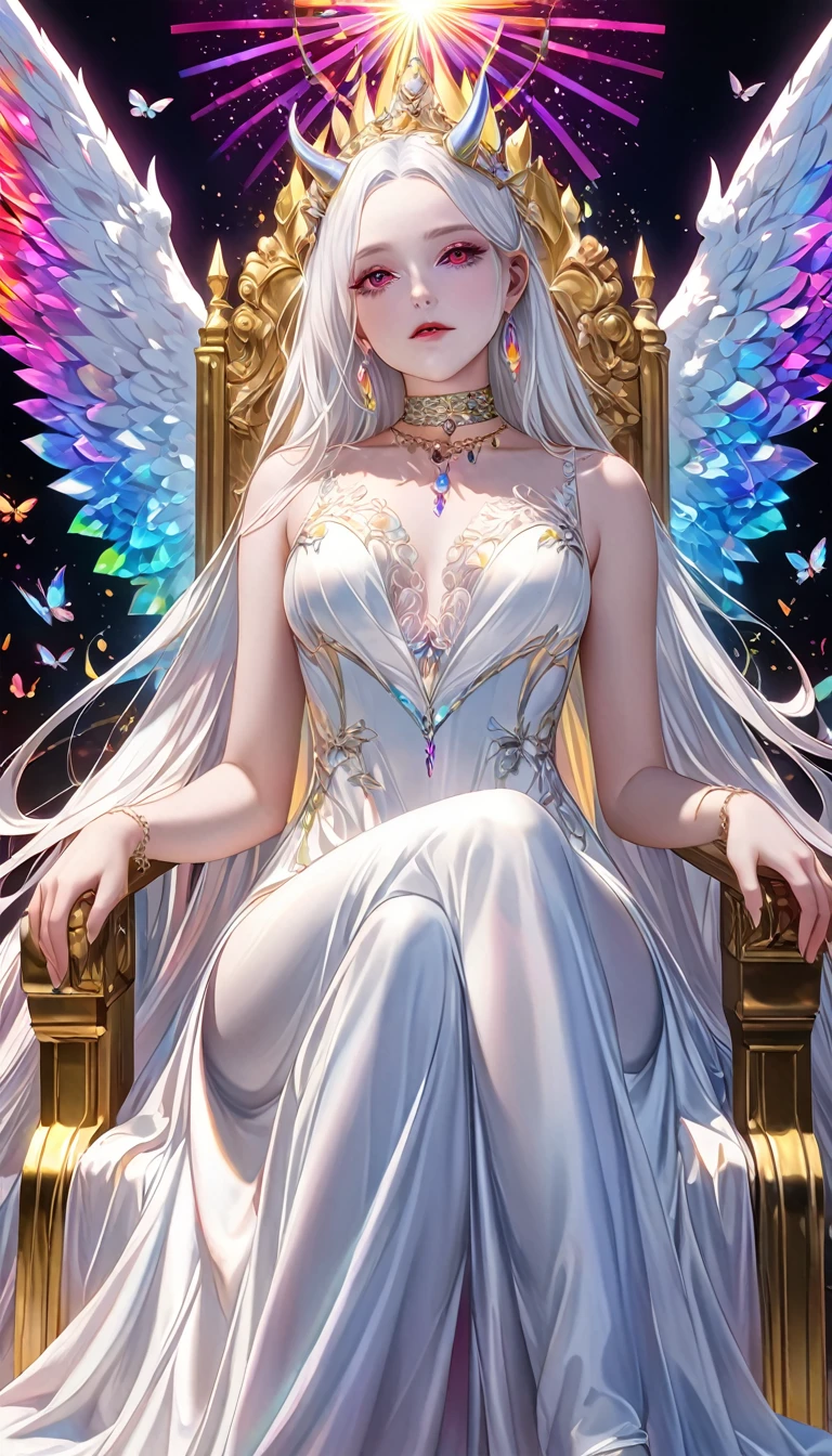 from below, seamless image fusion, beautiful and adorable white demon queen, amorous and lewd face, cool and sadistic, looking down with a cold gaze, make-up, silky straight white hair, wearing iridescent pure white long dress, choker, great proportion, crimson eyes, luxuriously designed pure white castle, languidly seated on gold thread-decorated throne, iridescent petals fluttering down, rainbow neon light effects, shading effects, gradation magic effects, glitter effects, (ultra detailed, absolutely resolution, best quality:1.3), 2.5D, delicate and dynamic, artistic photography, hyper realistic, graphic CG digital art