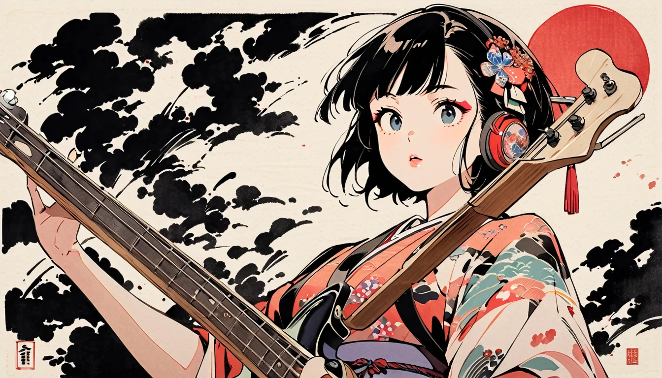 (((Ink Painting))), Fashion portrait color photos, (((1 girl))), (((Playing electric bass))), (((from below))), (((Very flashy hair accessories))), (((Very flashy makeup))), Japanese style headphones, front view, Japan人の美少女, Black Hair, Delicate and precise, Modern ukiyo-e style,Japan, Droopy eyes, round face, Fuller lips