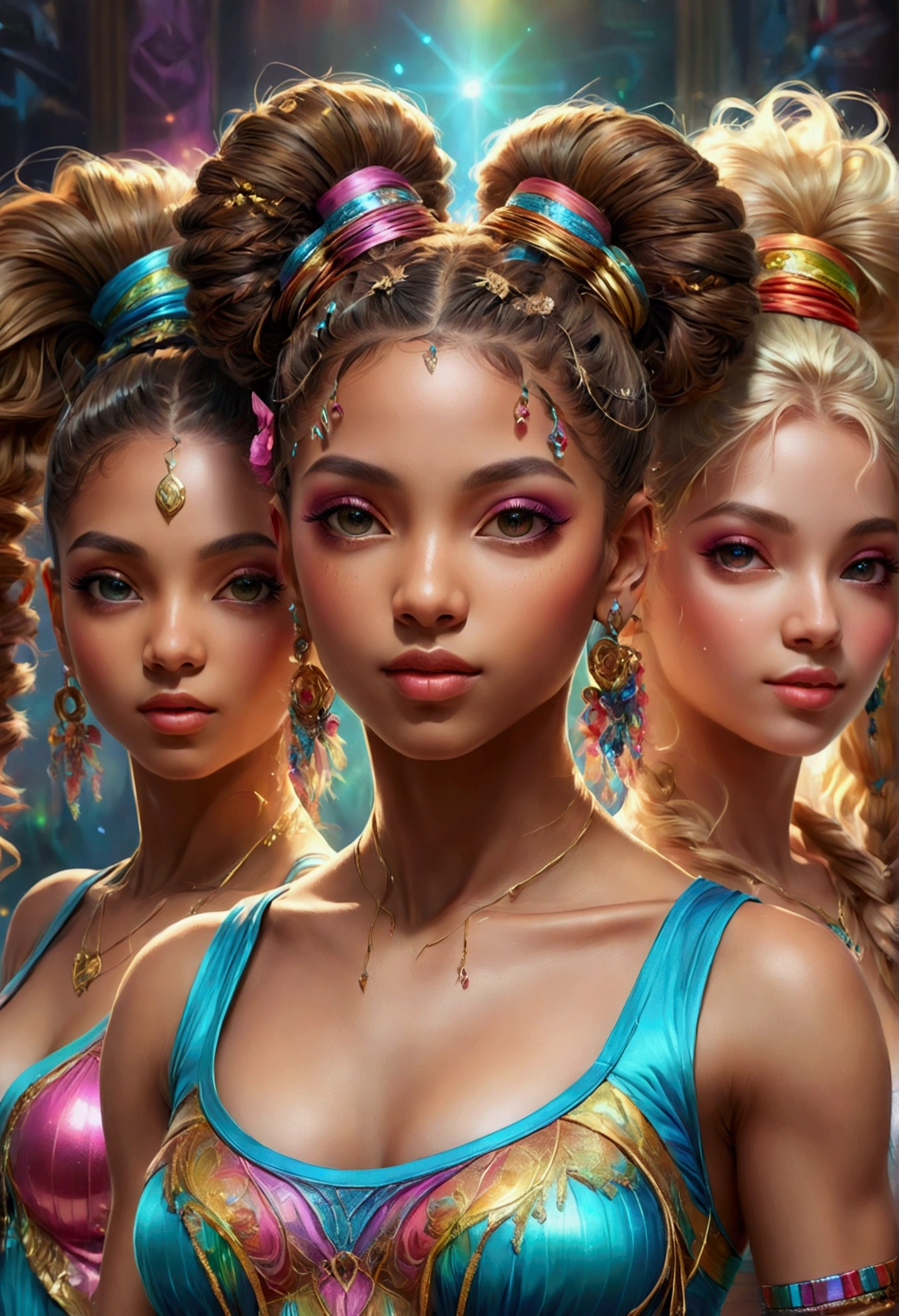 (Hip-hop dancer), 3girls, best quality, (masterpiece:1.2), high quality, Highres, (hyper detailed:1.2), photorealistic, proper , (beautiful detailed face, looking at viewer, various races, different faces, various hairstyles, detailed hair, colorful eyes, detailed eyes), wide range of colors, gentle colors, 