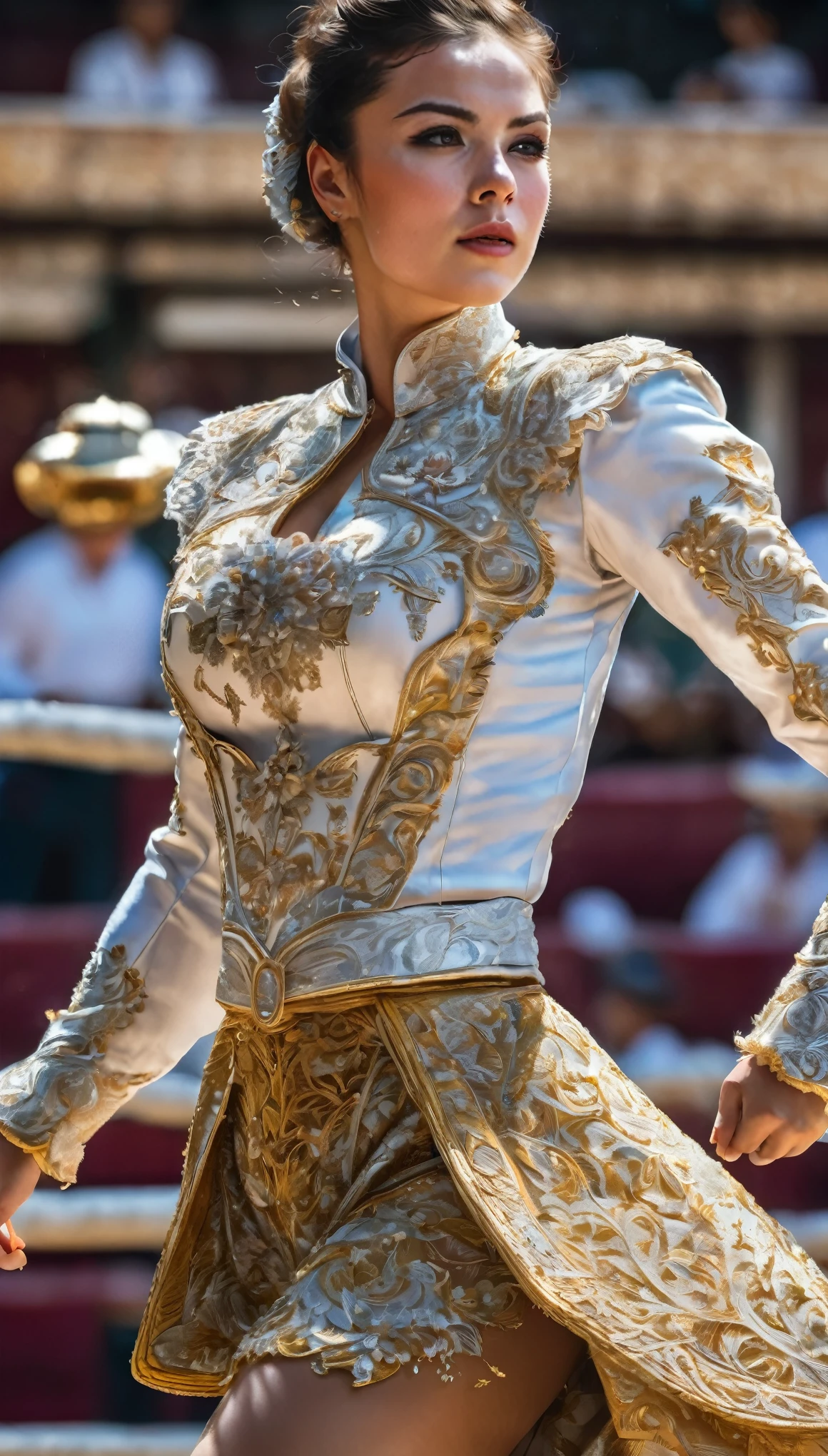 Highest quality, Realistic, photoRealistic, Award-winning photography, (Intricate details, Bullring: 1.2), (Subtle details), (Intricate details), (Cinematic Light, Super sexy short hair woman, Bullfighter, Bullring, huge firm bouncing chests, sexy long legs, dynamic sexy pose, Bullfighterの正装, Bullfighterの帽子, Bullfighterのlong pants, flashy leather long boots, Bullfighterの赤いマント, Full body close-up),