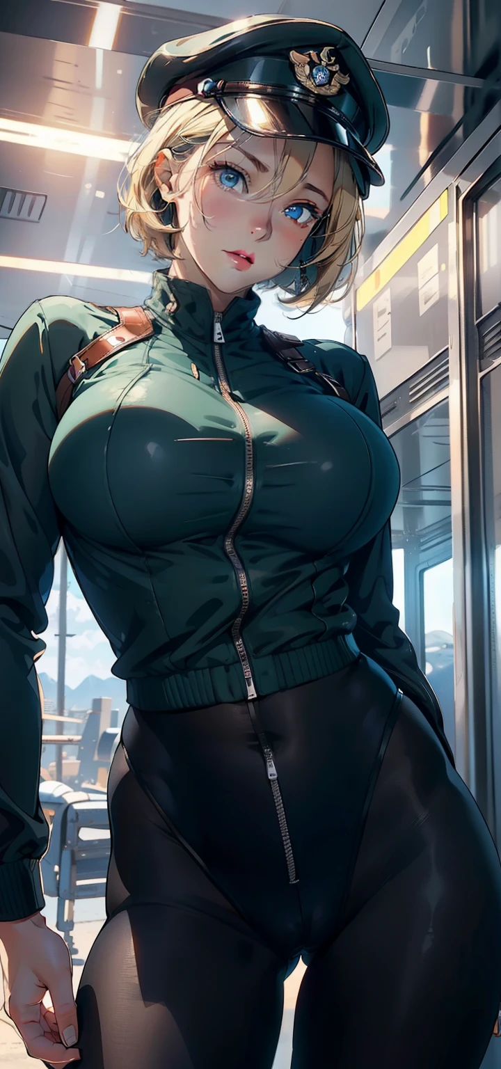 1female，35yo，plumw，extremely large bosom， solo，（Background with：A desert，aerodrome，Planes） She has very short blonde hair，bobo head，Stand on the plane，，seen from the front， hair straight， mostly cloudy sky，（（（tmasterpiece），（Very detailed CG unity 8K wallpaper），best qualtiy，cinmatic lighting，detailed back ground，beatiful detailed eyes，Bright pupils，Blue eyes，（Very fine and beautiful），（Beautiful and detailed eye description），ultra - detailed，tmasterpiece，）），facing at camera，A high resolution，ultra - detailed），revealing breasts，Bare genitals，  Bulge，legs are open，Raised sexy，Camel toes，Flushed complexion，Desire for dissatisfaction，frontage，us airforce，Aviator，military hat（Wearing：Dark green baseball jacket，Black pantyhose，Bare breasts）