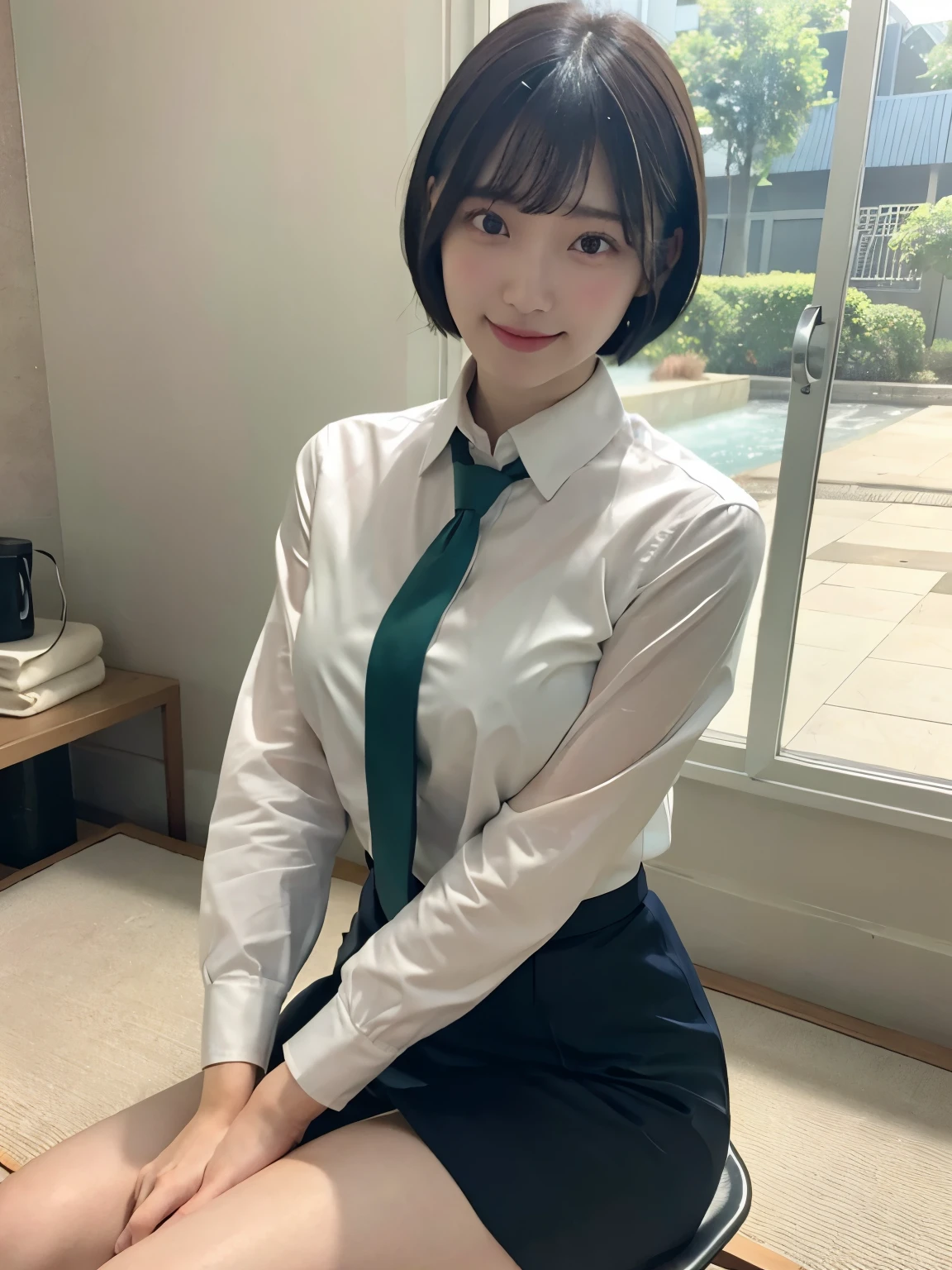 Japanese Girls、-yeld giShort Bob Cut、bangs、Brown eyes、Perfect figure、Transparency、Gloss、Glamorous breasts、、Green tie、White shirt、Navy Skirt、Hirotake、Burning body、Gravure idol pose、Light blue wall、Beautiful feet、Strong sunlight、dirty、雨にWet体、Wet,Sitting in a chair、I can see your thighs、smile