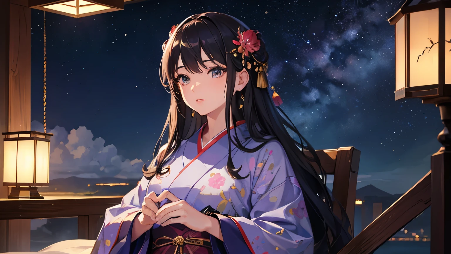 masterpiece,highest quality,((Super Detailed Woman1)),Super detailed face,Super detailed eye,yukata,Sitting,day time,Fantasy,Calm,nebula,High resolution