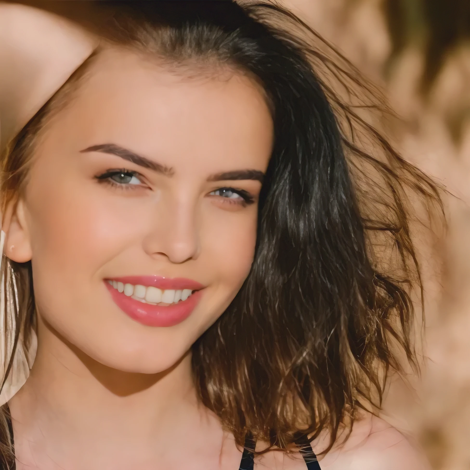 portret realistik photo of 26-year-old woman from cuba , wearing gucci dress (black),faced to camera with extrimely black hair, long hair, , flirty face, smile, fox-shaped eyes, eyes vivid light-blue. beauty lips . realistic skin texture, detailed eyes, professional, 4k, shot on Canon, 85mm,kodak vision color, extremely detailed, photo_\(ultra\), photorealistic, realistic, ultra realistic, photorealism, photography, 8k uhd, photography,post-processing, max detail, roughness, real life,
ultra realistic