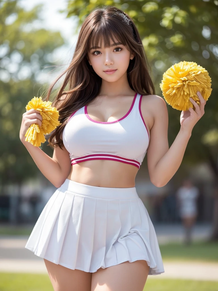 masterpiece, Highest quality, Very detailed, High resolution, (Realistic, photoRealistic:1.37), Excellent anatomy, One beautiful woman, 18-year-old, Height: 152cm, Colorful cheerleader, (Holding a pom-pom in both hands:1.3), A small smile, cheer leading, Cheerleader uniform, (shape), Tank top, Micro Pleated Mini Skirt, ((Very delicate and beautiful)), (Bokeh, Blurred outdoor background), Brown Hair, Long Hair, bangs, Very beautiful face, Cute type, Big Natural Color Lip, Small and cute nose, Big and pretty eyes, Brown eyes, Obvious double, Shiny highlight spots around the eyes, Character Focus, Tilt your head, The best light, Best Shadow, mysterious, Perfect Face, Very detailed, Soft Skin, (Glowing Skin, Sweaty: 1.2), Beautiful feet, Voluptuous thighs, Plump body, Huge breasts, (Expresses the roundness and softness of the chest area.........1), Beautiful body, (The perfect woman), Spread your legs, (Provocative dynamic pose), Skirt flip,